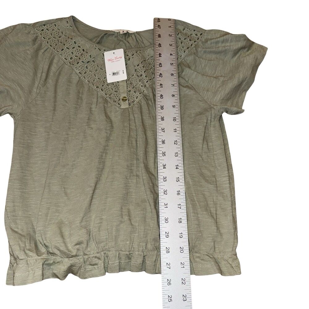 NWT Lucky Brand Top Medium Blouse Green Cotton Lace Short Sleeve Peasant Boho - Picture 9 of 14